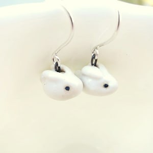 White Rabbit Earrings for Women, Ceramic Bunny Dangle, Cute Animal Jewelry, Snow Bunny