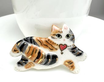Fancy Cat Pin Brooch, Handmade Ceramic Cat, Cat Lover Gift