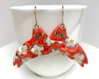 Statement Red Cat Earrings, Whimsical Porcelain Dangle, Floral Patterns, Cat Lover Gift