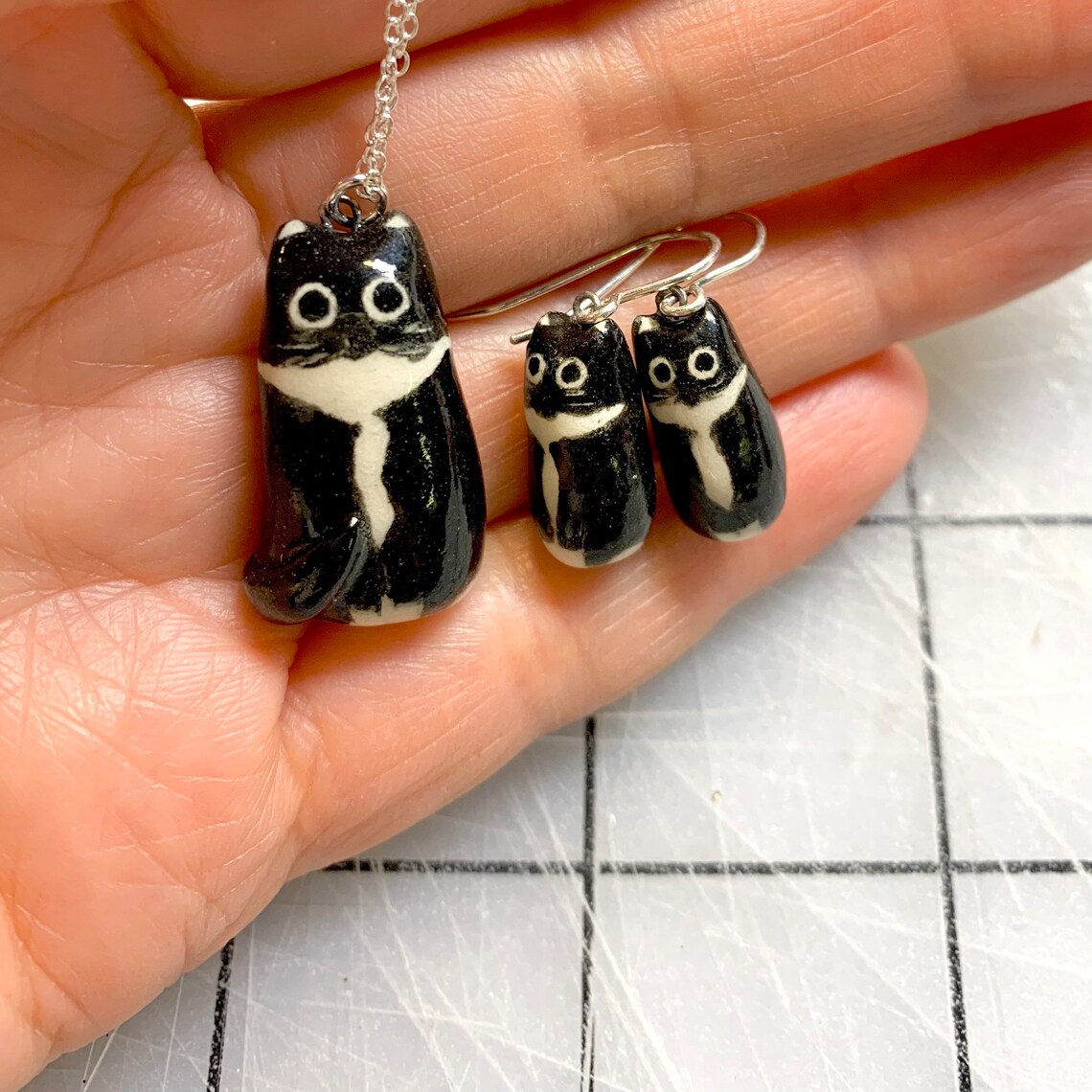 Tuxedo Cat Earrings Ceramic Dangle Cat Lover Jewelry Cat Etsy