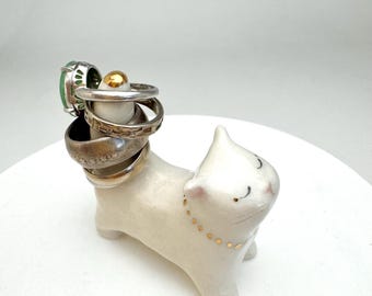 Cat Tail Ring Holder  | Cat Lover Gift | White Cat Figurine |Desk Decor | Jewelry Display
