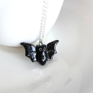 Black Bat Cat Necklace, Cute Gothic Halloween Jewelry, Porcelain Charm, Black and Silver Pendant, Cat Lady Gift