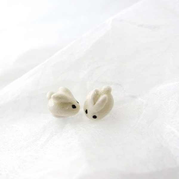Tiny Snow Bunny Stud Earrings | Rabbit Lover Gift | Porcelain Jewelry | White Stud Earrings