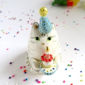 Cat Birthday Cake Topper | Ceramic Cat Figurine | Birthday Gift for Cat Lover