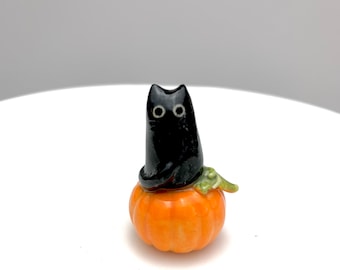 Black Cat on Pumpkin, Halloween Decoration, Cat Lover Gift, Ceramic Figurine