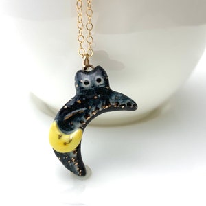 Night Cat Moon Cat Necklace | Porcelain Cat Pendant | Celestial Jewelry | Cat Lover Gift