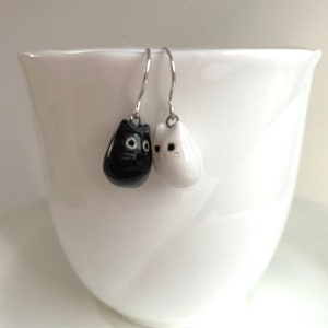 Black & White Cat Earrings Ceramic Cat Jewelry Mismatched Earrings Cat Lover Gift image 2