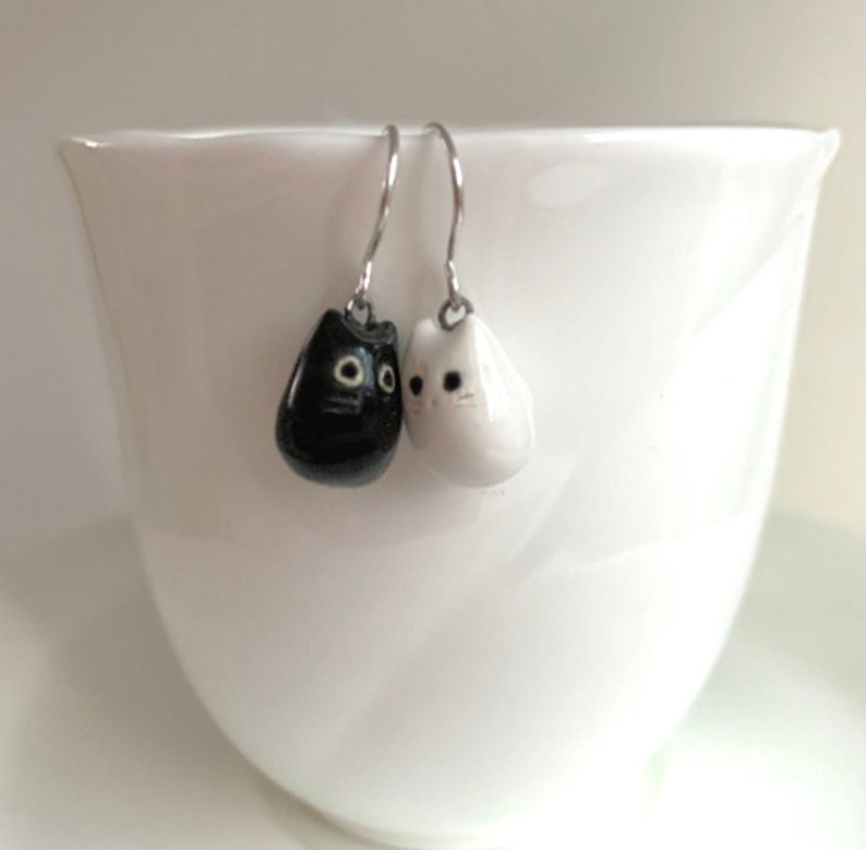 Black & White Cat Earrings Ceramic Cat Jewelry Mismatched Earrings Cat Lover Gift image 2