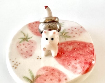 Strawberry Cat Ring Dish | Cat Lover Gift | Strawberry Lover | Cottagecore