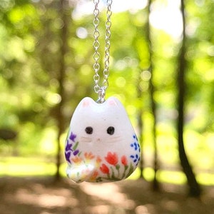 Flower Cat Necklace | Ceramic Charm | Cat Lover Gift | Cat in the Garden