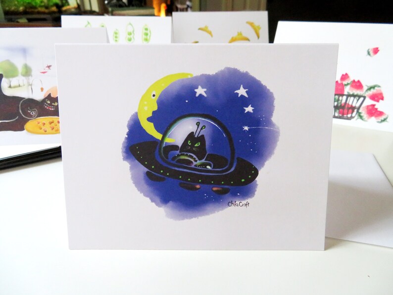 May include: A black cat with green eyes sits in a flying saucer against a purple, blue, and black starry night sky with a yellow crescent moon. The text "Chris Craft" is in the bottom right corner.