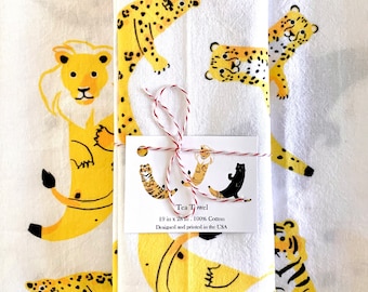 Kitchen Towel gift, Big Banana Cat Tea Towel, Safari Cat Print, Yellow Cats