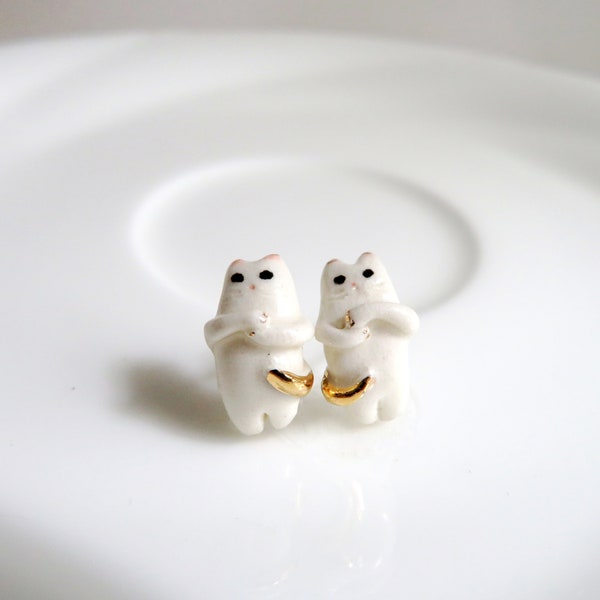 White Gold Cat Stud Earrings, Cat Lover Jewelry Gift, Porcelain Earrings, Funny Cat