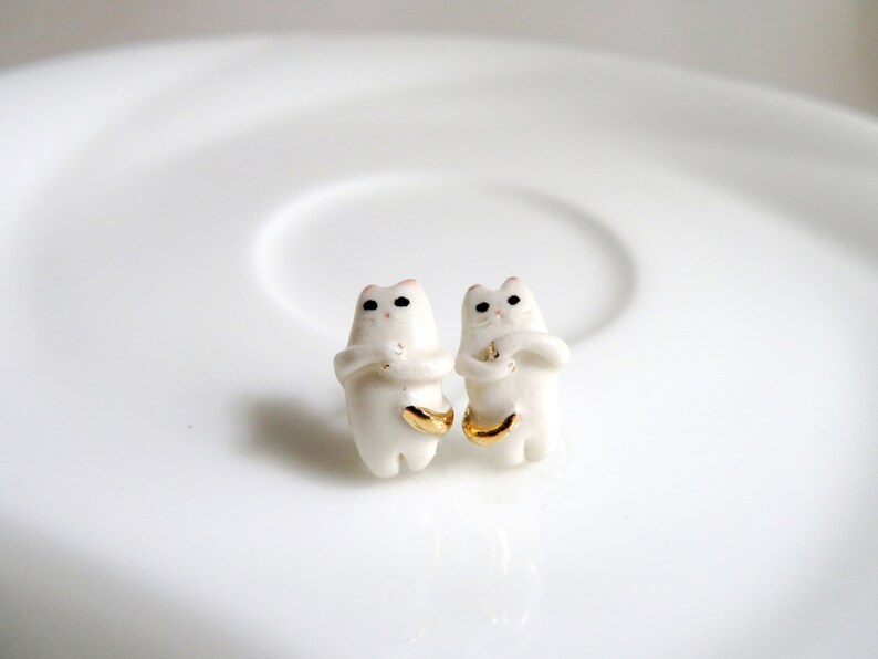 Cat Lover Jewelry Gift Funny Cat White Gold Cat Stud Earrings Porcelain Earrings