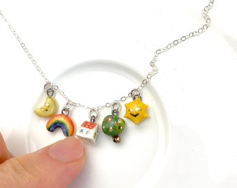 Sweet Home Necklace, Multi Charm Necklace, Happy House Gift, Tiny Handmade Ceramic Jewelry