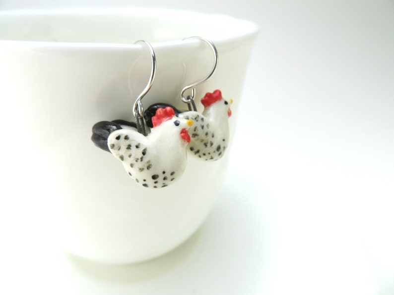 Rooster Earrings, Chicken Jewelry, Rooster Lover Gift, Ceramic Animal Jewelry image 2