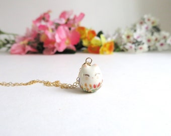 Happy Cat in the  Garden Necklace, Cat Lover Gift, Handmade Ceramics, Flower Cat Charm, Womens Jewelry