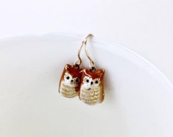 Owl Earrings, Owl Jewelry Gift for Women, Brown and Gold Porcelain, Owl Lover
