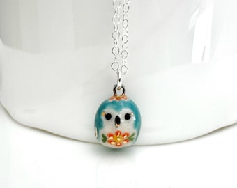 Tiny Blue Owl Necklace | Owl Lover Gift | Handmade Ceramic Jewelry