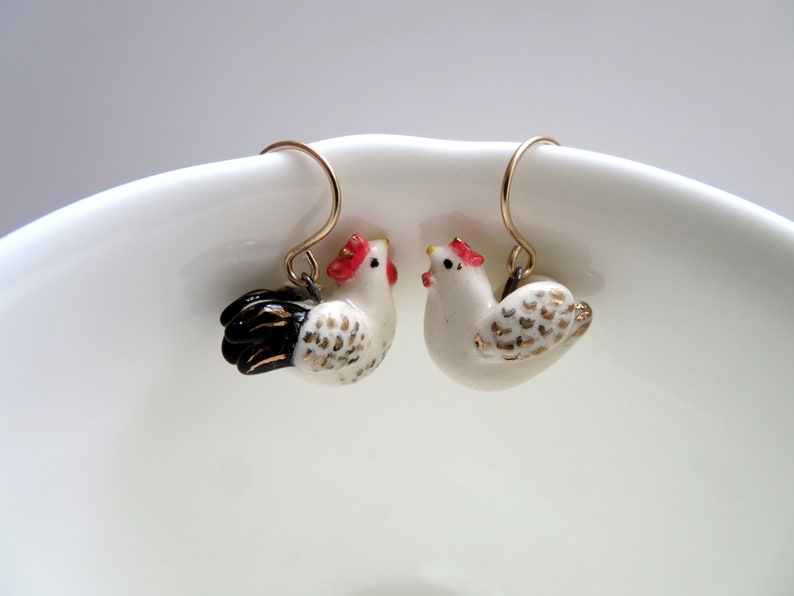 Rooster Earrings, Chicken Jewelry, Rooster Lover Gift, Ceramic Animal Jewelry image 9