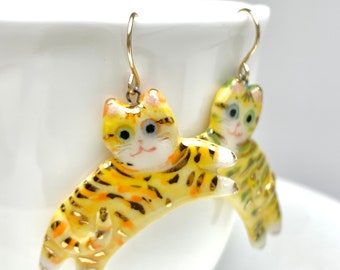 Whimsical Yellow Tabby Cat Earrings,  Statement Porcelain Dangle Earrings for Crazy Cat Lady