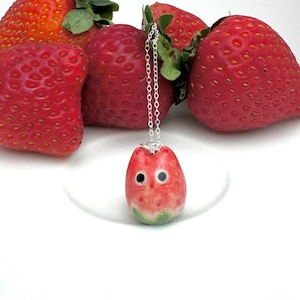 Strawberry Cat Necklace | Cat Lover Gift | Ceramic Jewelry | Strawberry Charm