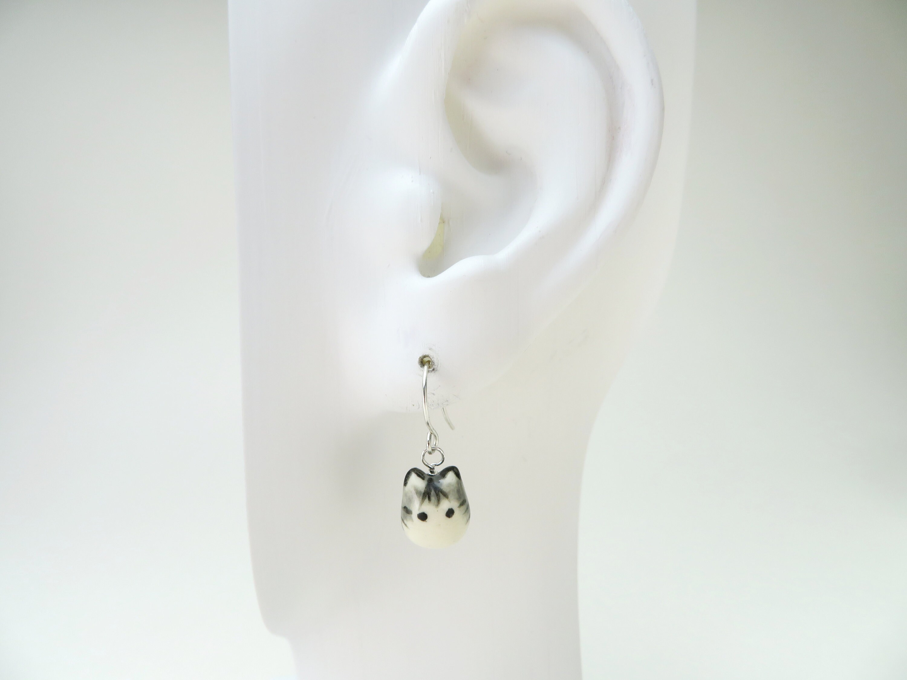 Small Tabby Grey Cat & Bird Hoop Earrings