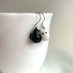 Black & White Cat Earrings Ceramic Cat Jewelry Mismatched Earrings Cat Lover Gift image 3