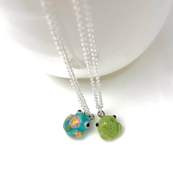 Teeny Tiny Frog Necklace, Colorful Ceramic Charm, Frog Lover Gift