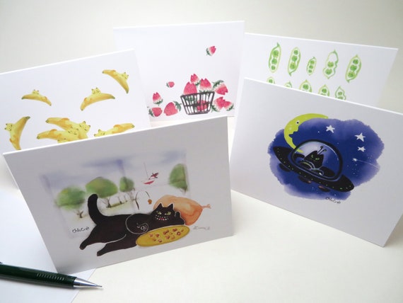 Cat Greeting Card | Cat Lover Card | Funny and Whimsical Cat Print | Fruit and Veggie Print