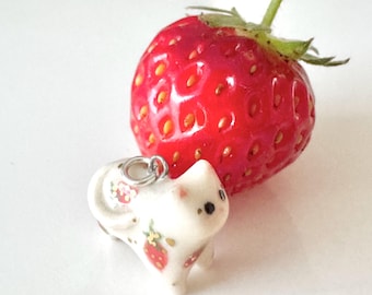Tiny Strawberry Cat Necklace, Handmade Porcelain, Cat Lover Gift, Cat Mom Jewelry