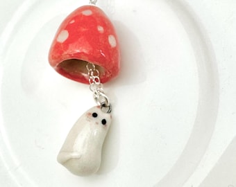 Red Mushroom Cat Necklace , Handmade Ceramic Charm, Unique and Whimsical Gift