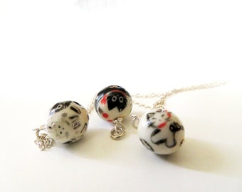 Fun Cat Necklace, Cat Drawing, Porcelain Cat Charm, Ceramic Ball Charm, Cat Jewelry Gift for Women, Cat Mom Gift