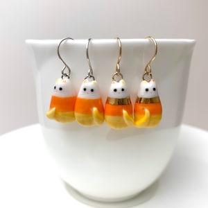 Candy Corn Cat Earrings, Cute Halloween Jewelry for Women, Ceramic Dangle, Cat Lover Gift