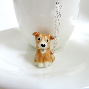 Cute Puppy Charm Necklace, Dog Necklace or Women, Ceramic Dog Jewelry, Brown White Dog