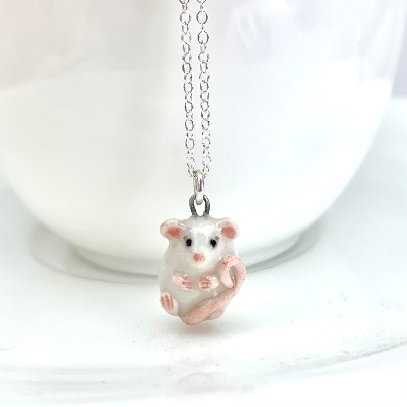 Tiny White Rat Necklace Rat Lover Gift Ceramic Mouse Charm image 1