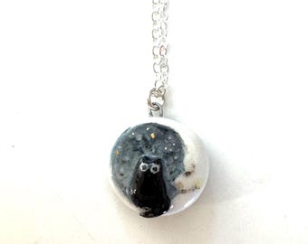 Moon Cat Necklace, Cat Lover Gift, Black Cat Charm, Crescent Moon