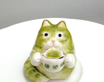 Green Tea Cat Figurine Handmade Ceramics Matcha Cat