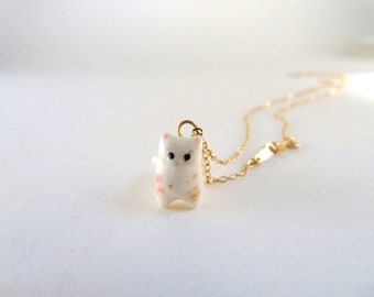 Tiny Pink Flower Cat Necklace, Handmade Porcelain, Cat Lover Gift, Cat Mom Jewelry