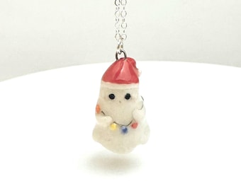 Christmas Ghost Necklace, Ceramic Charm, Christmas Gift