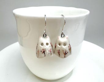 Pink Flower Ghost Cat Earrings, Halloween Jewelry, Cat Lover Gift, Hollow Kitty, Fancy Ghost