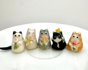 Mini Cat Figurine, Tiny Flower Gift, Cat Lover Gift, Stocking Stuffer, Small Desk Top Cat, Ceramic Decoration