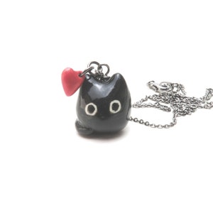 Black Cat Necklace | Valentines Day Gift | Ceramic Cat Charm | Red Heart Black Cat | Cat Lover Gift