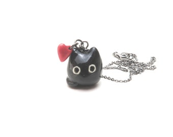 Black Cat Necklace | Valentines Day Gift | Ceramic Cat Charm | Red Heart Black Cat | Cat Lover Gift