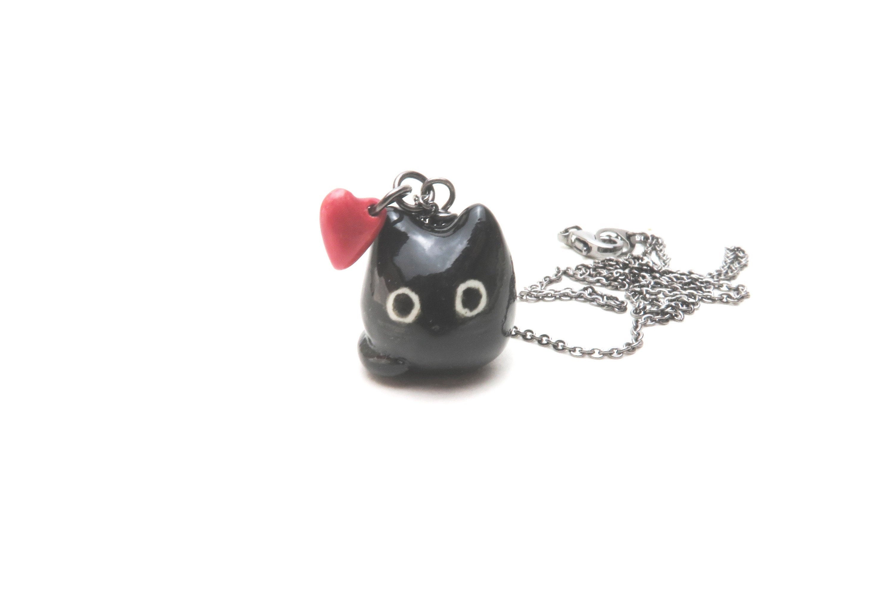 Black Cat Necklace | Valentines Day Gift | Ceramic Cat Charm | Red Heart Black Cat | Cat Lover Gift
