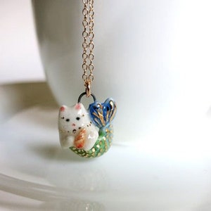 Tiny Mermaid Cat Necklace | Purrmaid Charm | Porcelain Necklace Charm | Cat Lover Gift