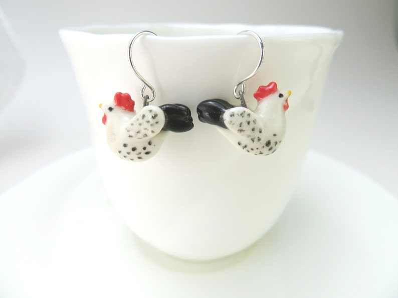 Rooster Earrings, Chicken Jewelry, Rooster Lover Gift, Ceramic Animal Jewelry image 4