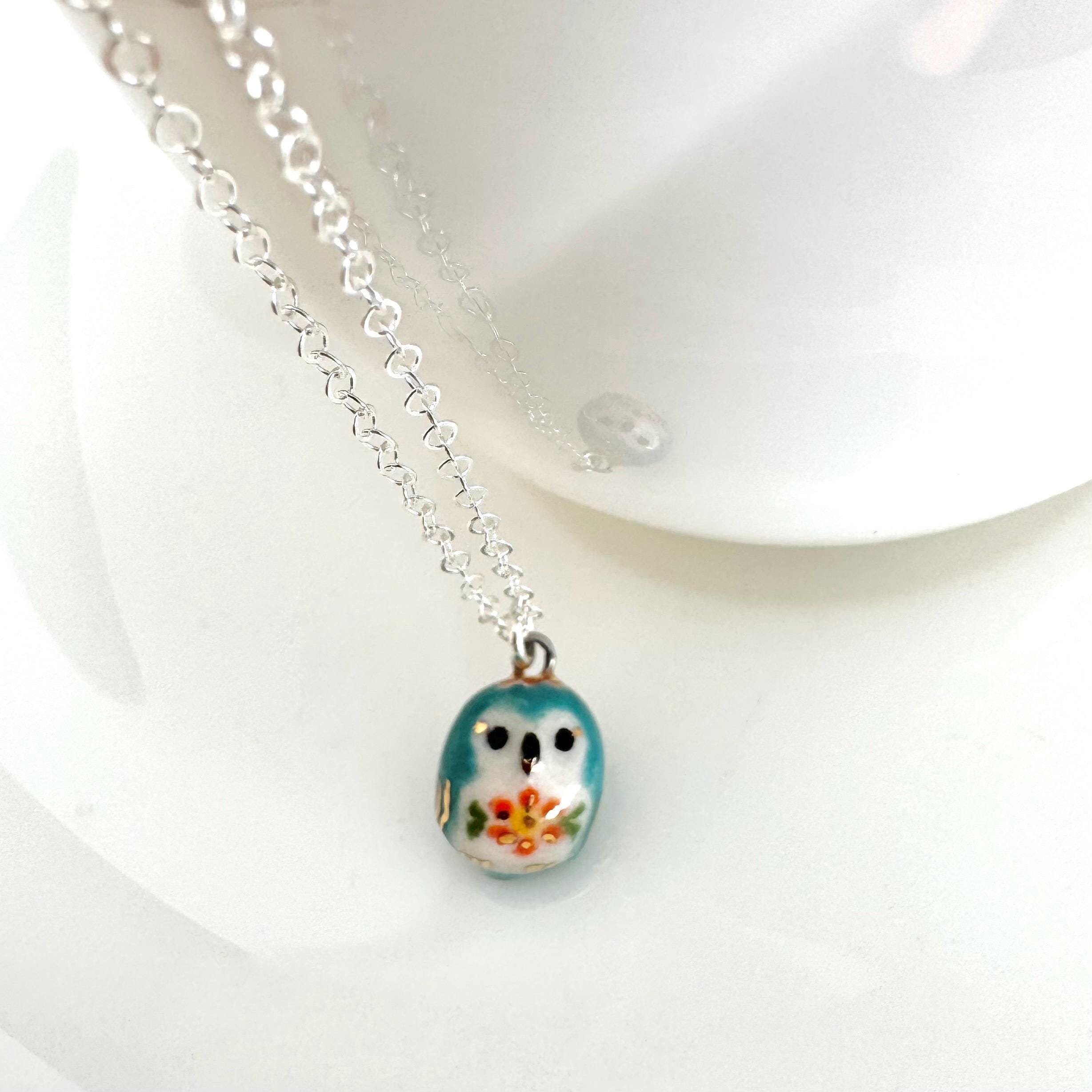 Tiny Blue Owl Necklace | Owl Lover Gift | Handmade Ceramic Jewelry