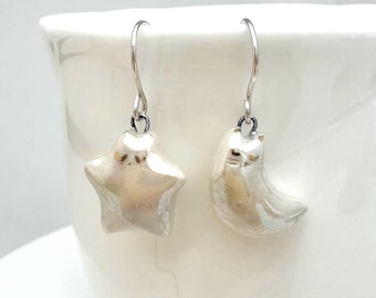 Star and Moon Cat Earrings, Unique Jewelry Gift, Pearly Dangle, Handmade Porcelain