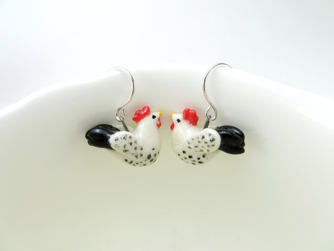Rooster Earrings, Chicken Jewelry, Rooster Lover Gift, Ceramic Animal